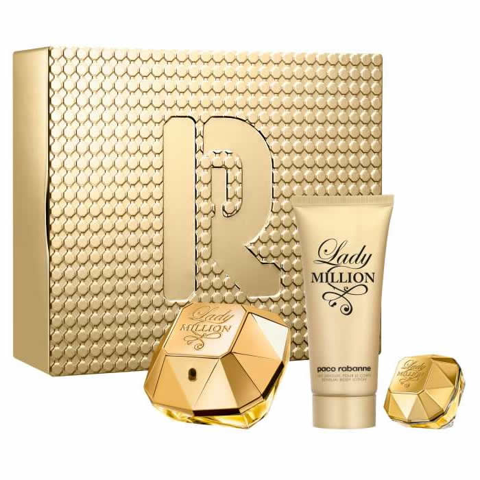 Paco Rabanne Lady Million Eau de Parfum 80 ml + Lait Corporel 100 ml + Mini Eau de Parfum 5 ml pour Femme, Coffret Cadeau