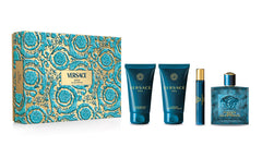 Versace Eros 100 ml EDP + Bálsamo para después del afeitado 75 ml + Gel de ducha 75 ml + Mini EDP 10 ml para hombre SET DE REGALO