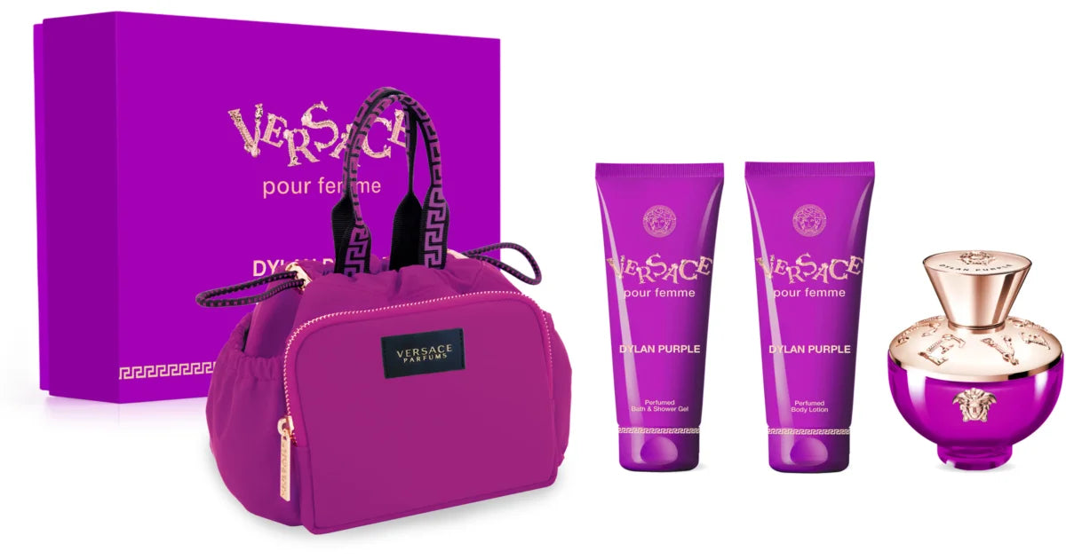 Set regalo Versace Dylan Purple per donna 100ml EDP + 100ml gel doccia + 100ml lozione corpo + borsa