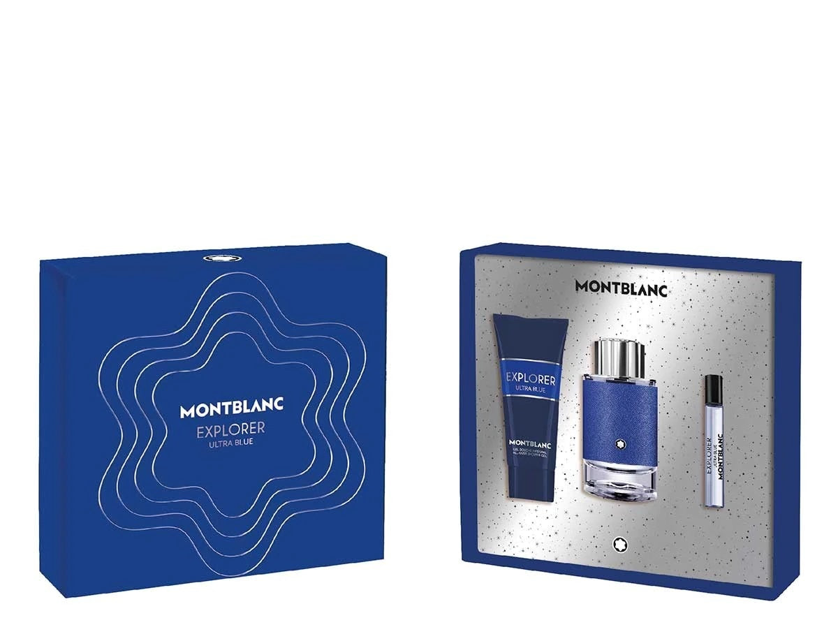 Set de regalo Montblanc Explorer Ultra Blue 100 ml EDP + 7,5 ml EDP Mini + 100 ml Gel de ducha para hombre